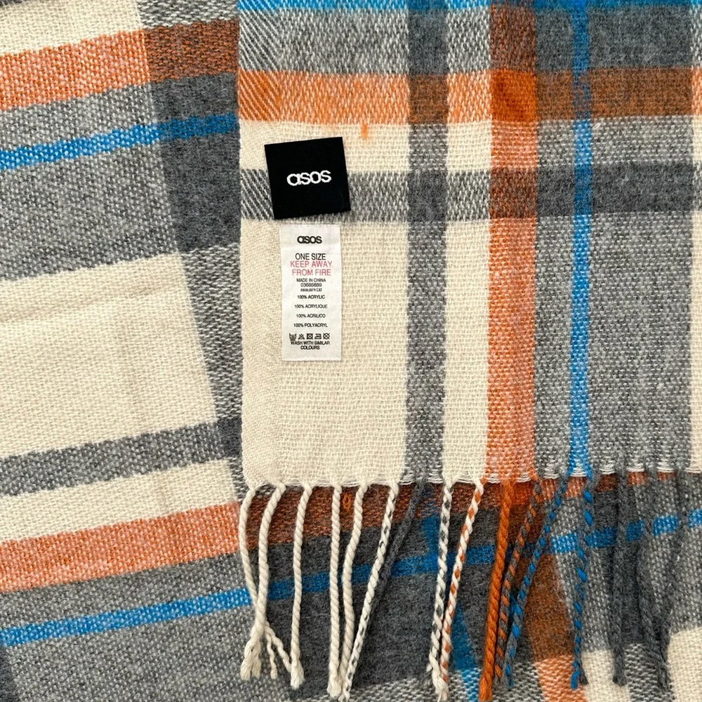 Oversized Fall Plaid Cozy Heavyweight Blanket Scarf - Cream Orange Blue Grey